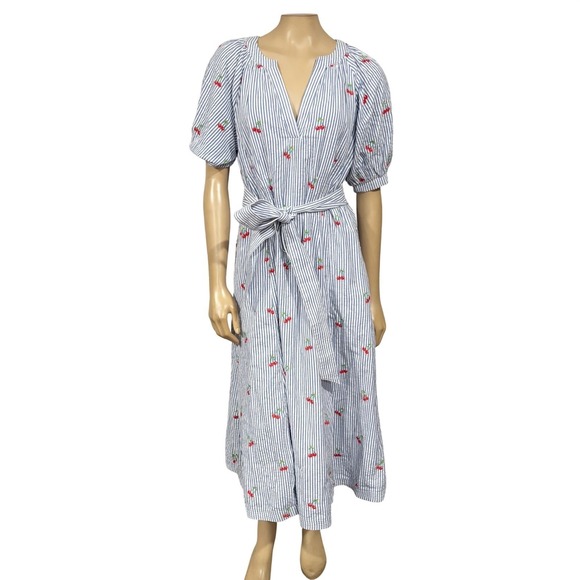 Boden Bria Embroidered Seersucker Cherry Embroidered Midi Dress V-Neck Pockets - Picture 6 of 11
